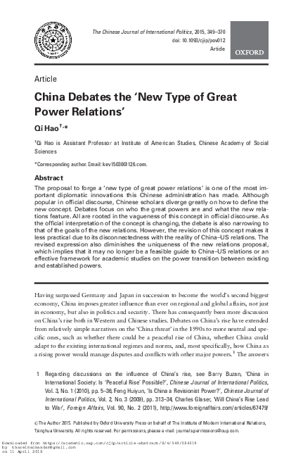(PDF) China Debates the 'New Type of Great Power Relations'