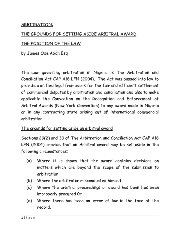 (DOC) ARBITRATION: THE GROUNDS FOR SETTING ASIDE ARBITRAL AWARD THE ...