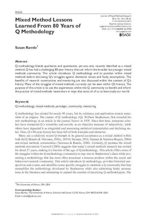 (PDF) Mixed Method Lessons Learned From 80 Years of Q Methodology