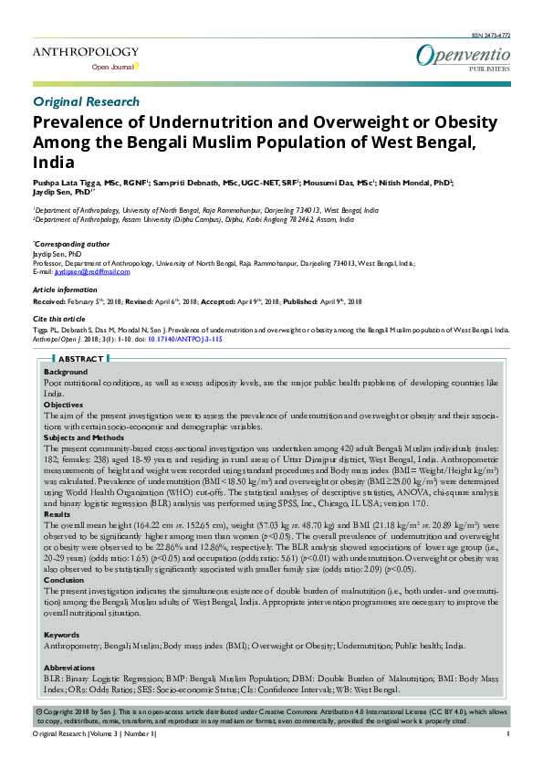 (PDF) Prevalence of Undernutrition and Overweight or Obesity Among the Bengali Muslim Population