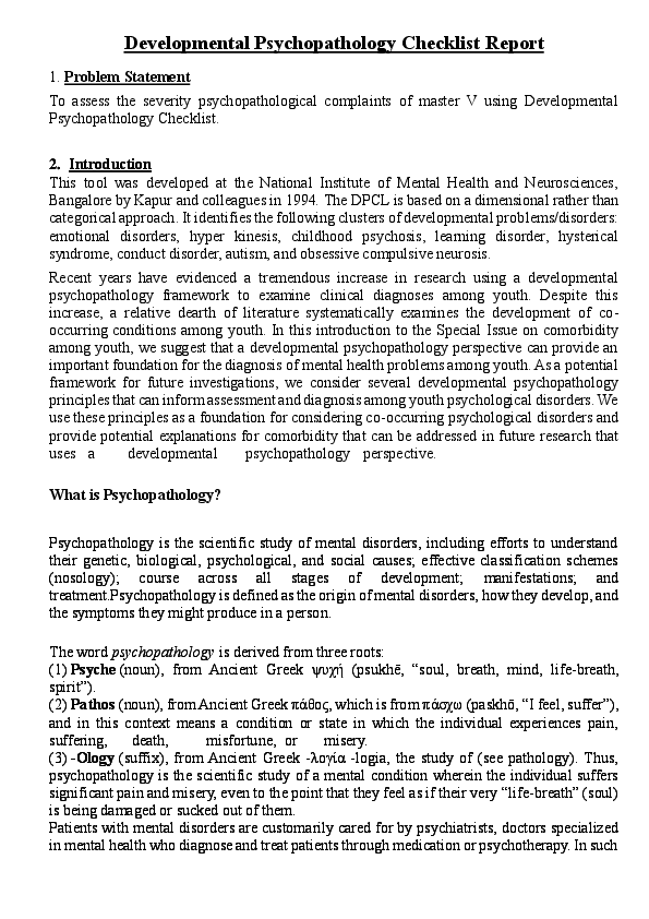 (DOC) Developmental Psychopathology Checklist Report 1. Problem Statement