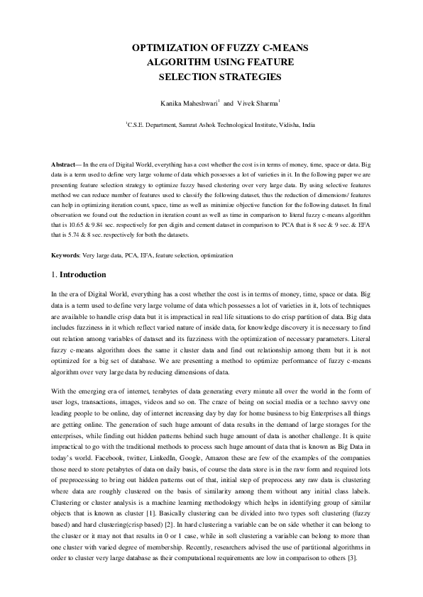 (DOC) OPTIMIZATION OF FUZZY C-MEANS ALGORITHM USING FEATURE SELECTION ...
