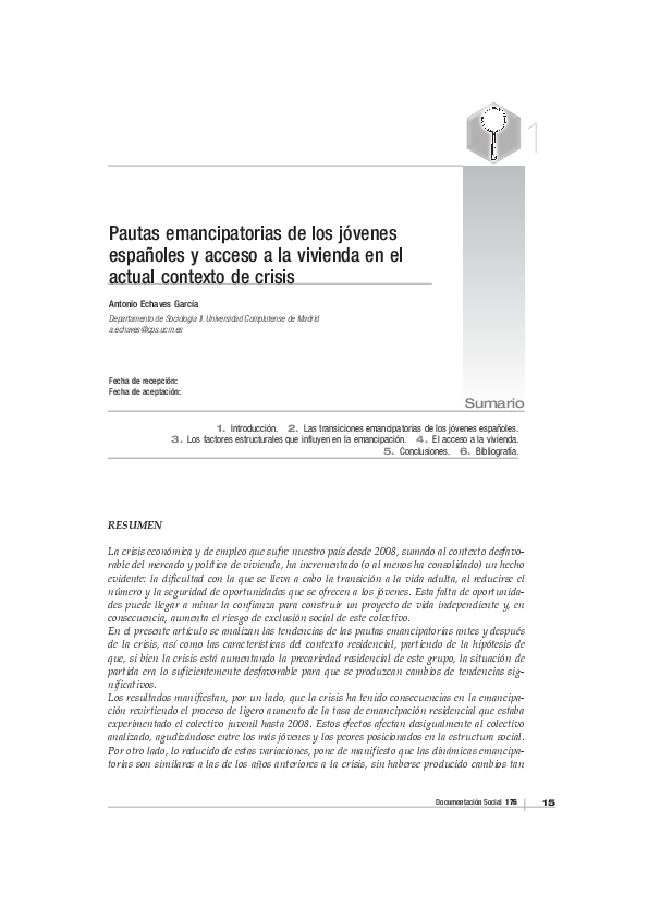 (PDF) Pautas emancipatorias de los jóvenes españoles y acceso a la ...