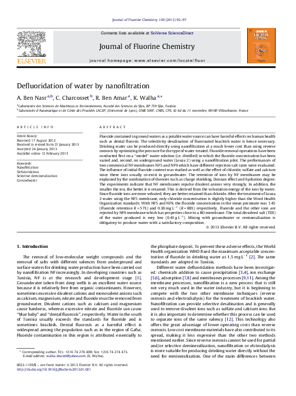 (PDF) Defluoridation of water by nanofiltration