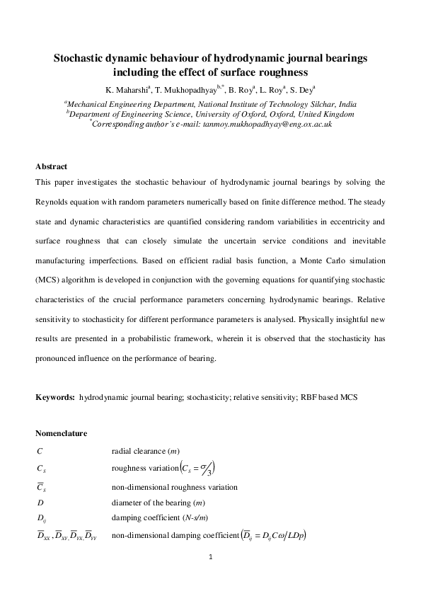 (PDF) Stochastic dynamic behaviour of hydrodynamic journal bearings including the effect of