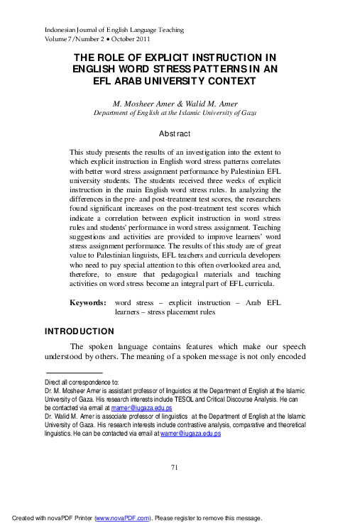 (PDF) THE ROLE OF EXPLICIT INSTRUCTION IN ENGLISH WORD STRESS PATTERNS ...