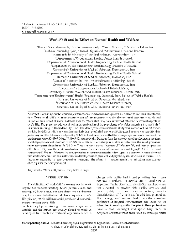 (PDF) Work Shift and its Effect on Nurses’ Health and Welfare