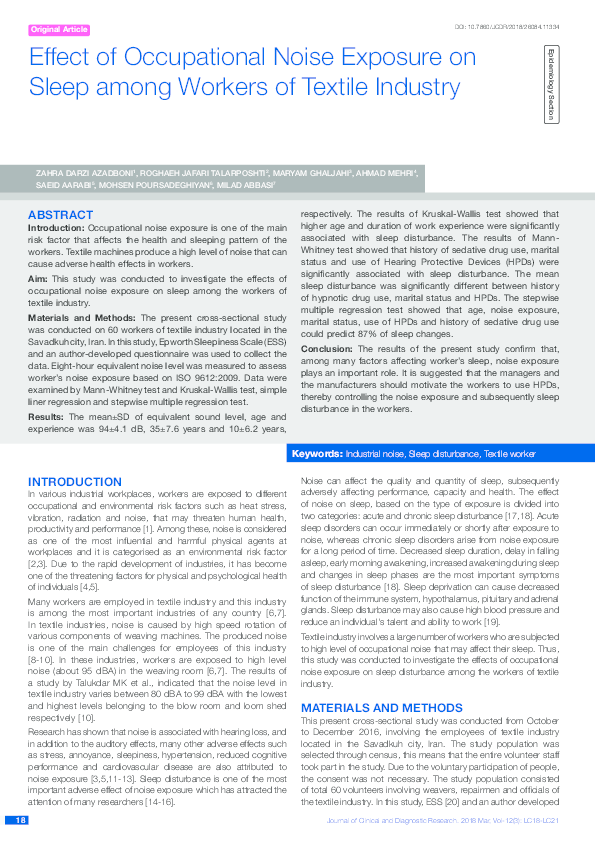 (PDF) Effect of Occupational Noise Exposure on Sleep among Workers of