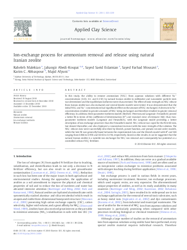 (PDF) Ionexchange process for ammonium removal and release using
