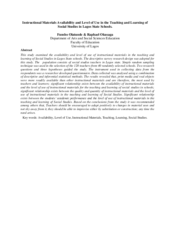 (DOC) Instructional Materials Availability and Level of Use in the Teaching and Learning of