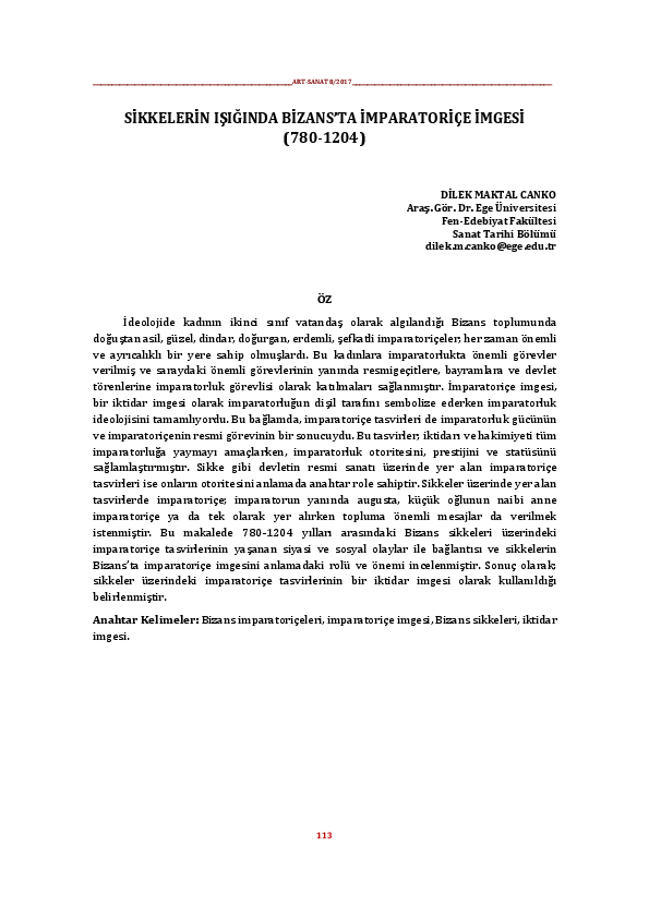 Sikkelerin Işığında Bizans'ta İmparatoriçe İmgesi (780-1204) (Empress Image in Byzantium According to Coins (780-1204))