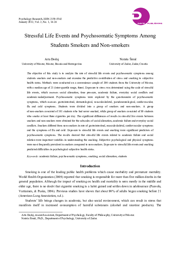 (PDF) Stressful Life Events and Psychosomatic Symptoms Among Students ...