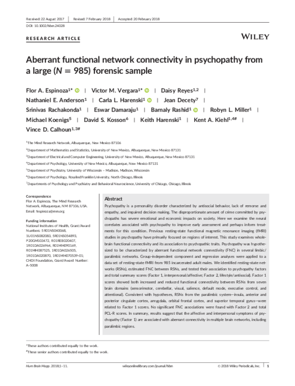 (PDF) Aberrant functional network connectivity in psychopathy from a ...