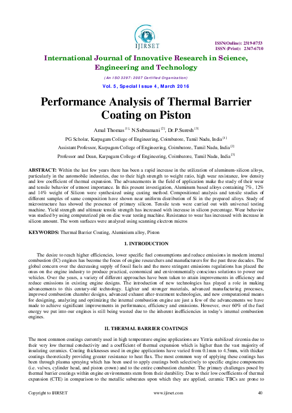 (PDF) Performance Analysis of Thermal Barrier Coating on Piston