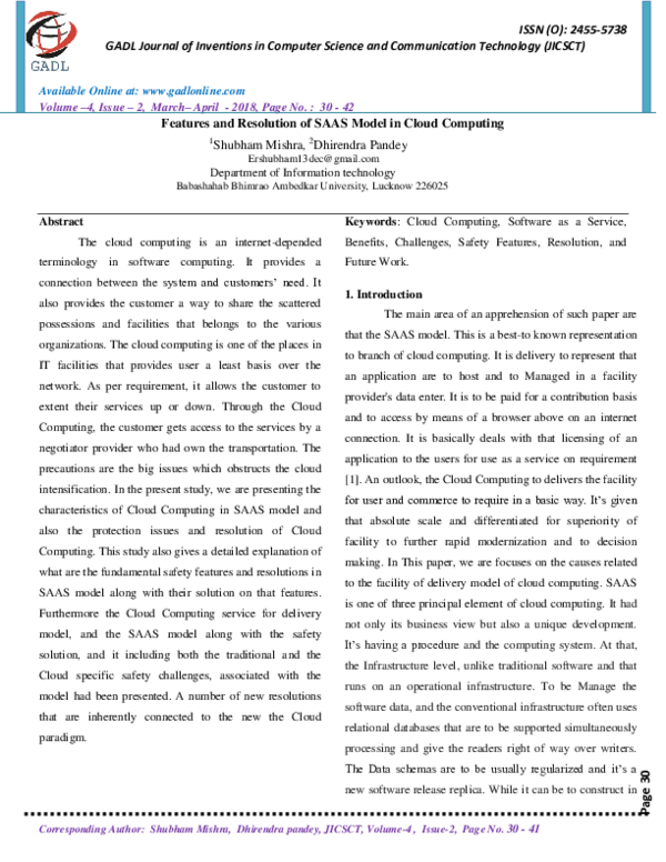 (PDF) Features and Resolution of SAAS Model in Cloud Computing
