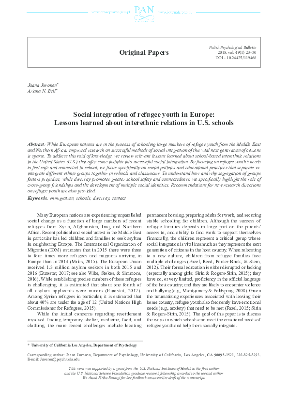 (PDF) Social integration of refugee youth in Europe: Lessons learned ...
