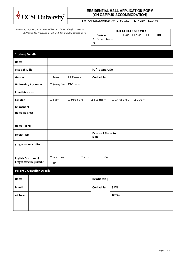 (PDF) RESIDENTIAL HALL APPLICATION FORM (ON CAMPUS