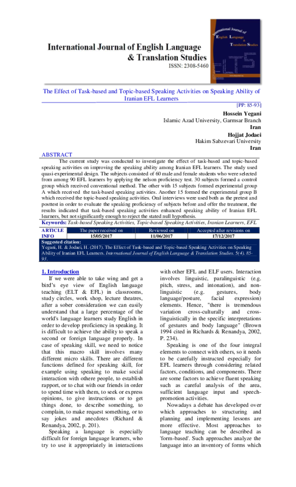 Pdf The Effect Of Task Based And Topic Based Speaking Activities On