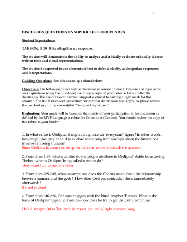 (DOC) DISCUSSION QUESTIONS ON SOPHOCLES'S OEDIPUS REX