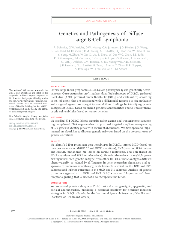 (PDF) Genetics and Pathogenesis of Diffuse Large B-Cell Lymphoma
