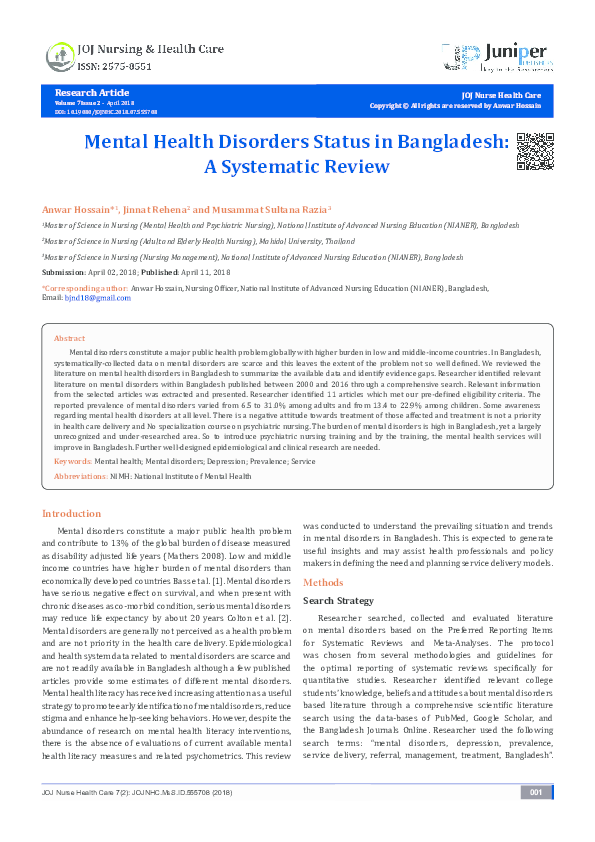 (PDF) Mental Health Disorders Status in Bangladesh A Systematic Review