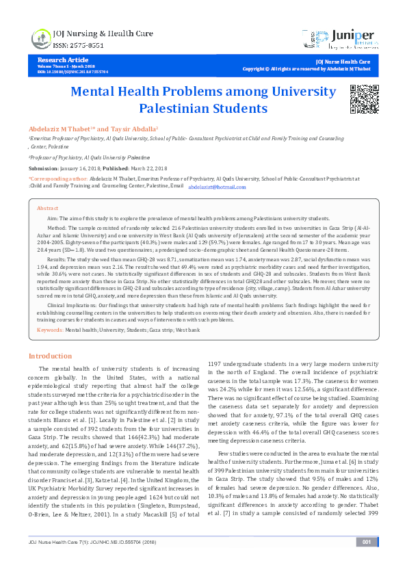 (PDF) Mental Health Problems among University Palestinian Students