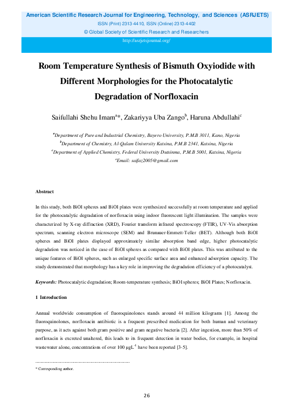 (PDF) Room Temperature Synthesis of Bismuth Oxyiodide with Different ...