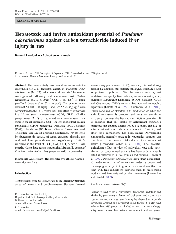 (PDF) Hepatotoxic and invivo antioxidant potential of Pandanus ...