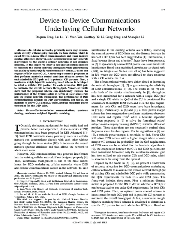 (PDF) Device-to-Device Communications Underlaying Cellular Networks