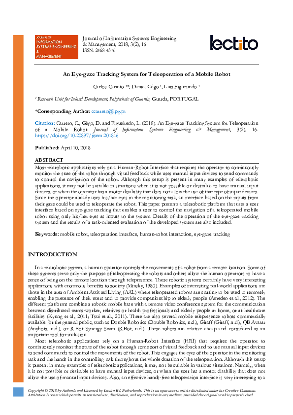 (PDF) An Eye-gaze Tracking System for Teleoperation of a Mobile Robot ...