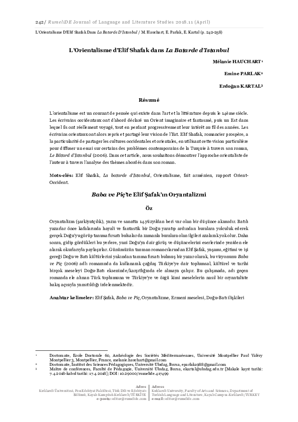 Pdf L Orientalisme D Elif Shafak Dans La Batarde D Istanbul Erdogan Kartal And Melanie Hauchart Academia Edu