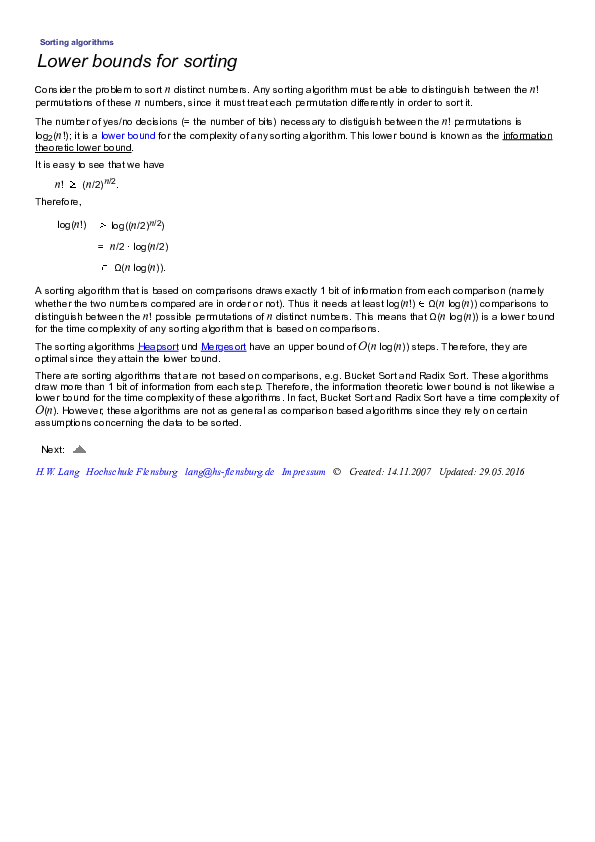 (PDF) Sorting algorithms Lower bounds for sorting