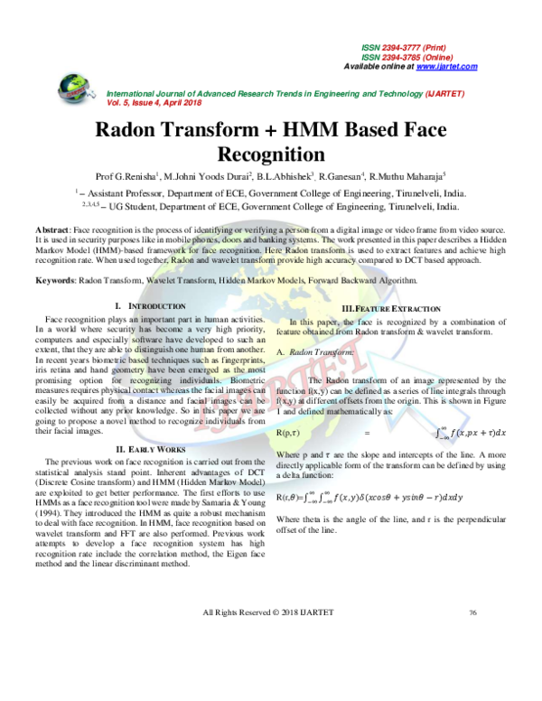 (PDF) Radon Transform + HMM Based Face Recognition | IJARTET Journal ...