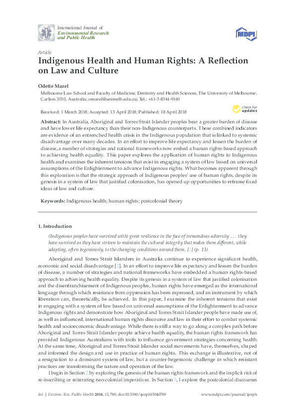 (PDF) Indigenous Health and Human Rights: A Reflection on Law and Culture