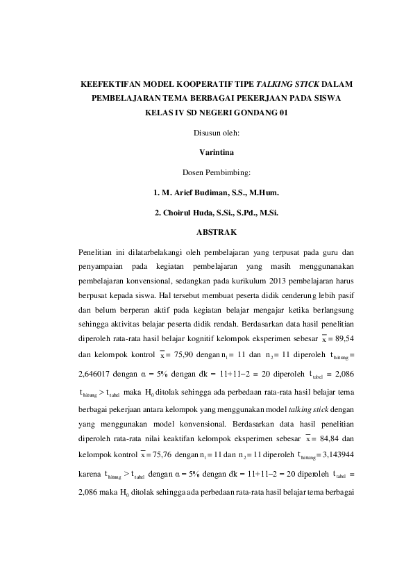 (PDF) KEEFEKTIFAN MODEL KOOPERATIF TIPE TALKING STICK DALAM
