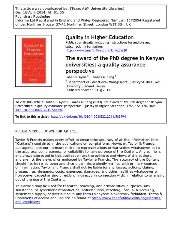 (PDF) Quality in Higher Education The award of the PhD degree in Kenyan ...