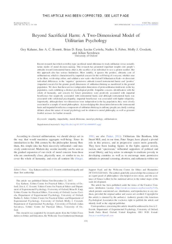 (PDF) Beyond sacrificial harm: a two-dimensional model of utilitarian ...