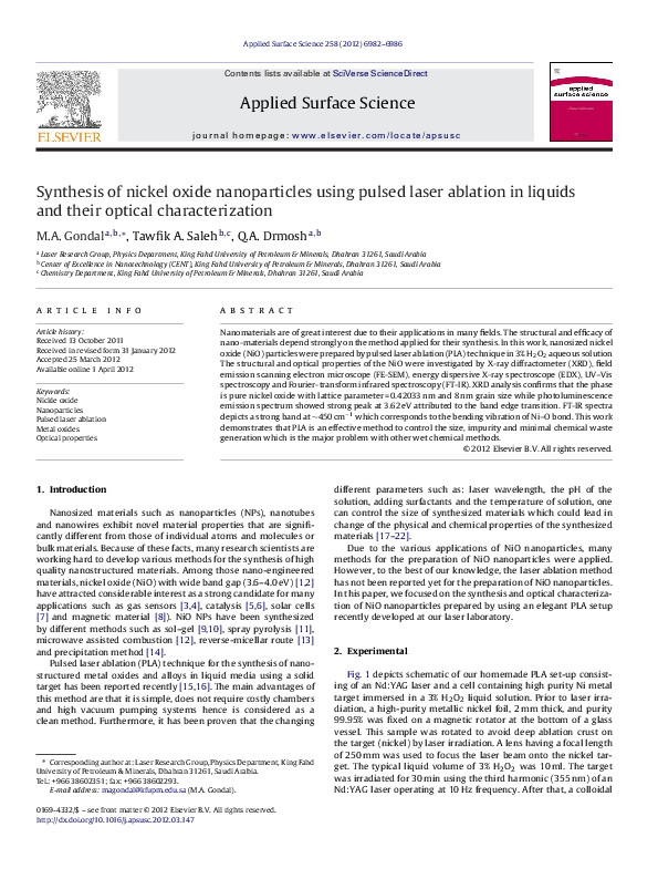 (PDF) Synthesis of nickel oxide nanoparticles using pulsed laser ...