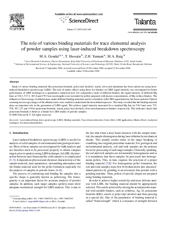 (PDF) The role of various binding materials for trace elemental
