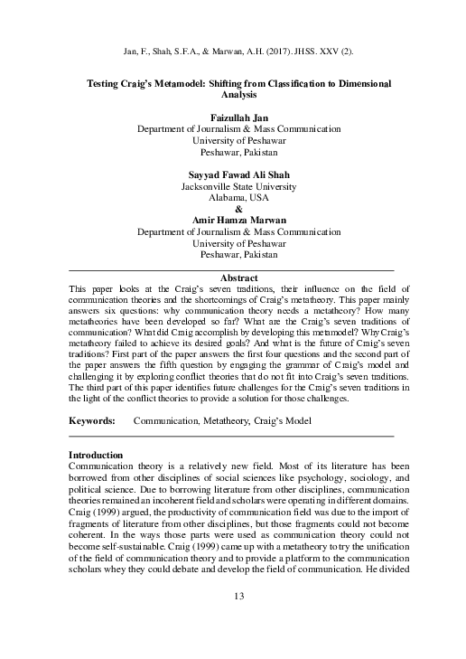 (PDF) Testing Craig's Metamodel Shifting from Classification to Dimensional Analysis Dr Amir