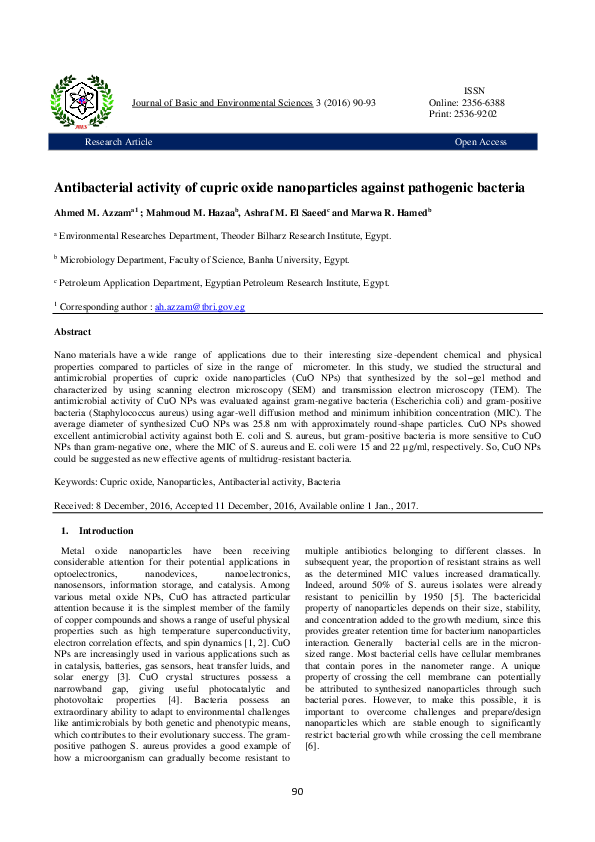 (PDF) Antibacterial activity of cupric oxide nanoparticles against ...