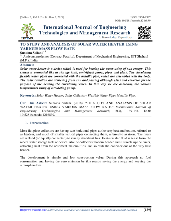 (PDF) TO STUDY AND ANALYSIS OF SOLAR WATER HEATER USING VARIOUS MASS ...