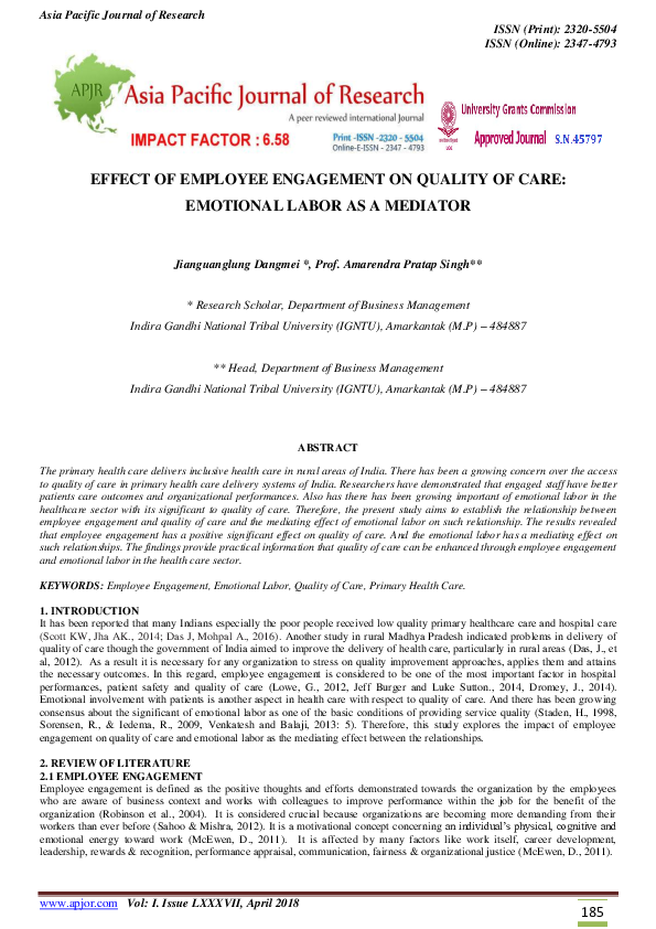 (PDF) EFFECT OF EMPLOYEE ENGAGEMENT ON QUALITY OF CARE: EMOTIONAL LABOR ...