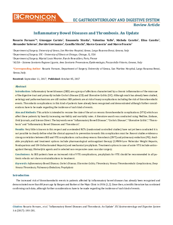 Pdf Ec Gastroenterology And Digestive System Review Article Inflammatory Bowel Diseases And Thrombosis An Update Rosario Fornaro Alexander Salerno And M Frascio Academia Edu