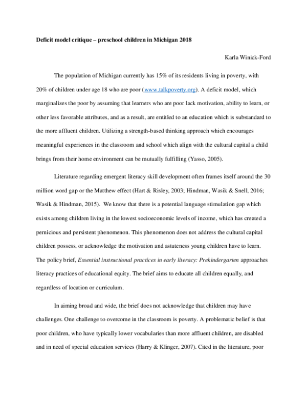 (DOC) Deficit model critique – preschool children in Michigan 2018