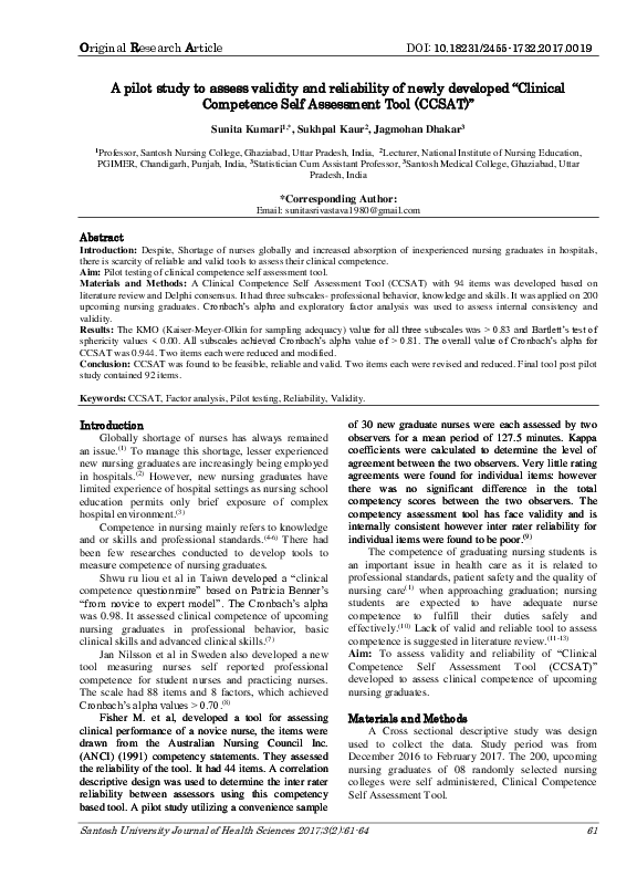 (PDF) A pilot study to assess validity and reliability of newly ...