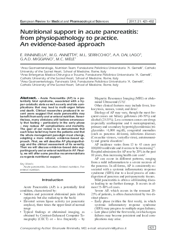 (PDF) Nutritional support in acute pancreatitis from physiopathology to ...