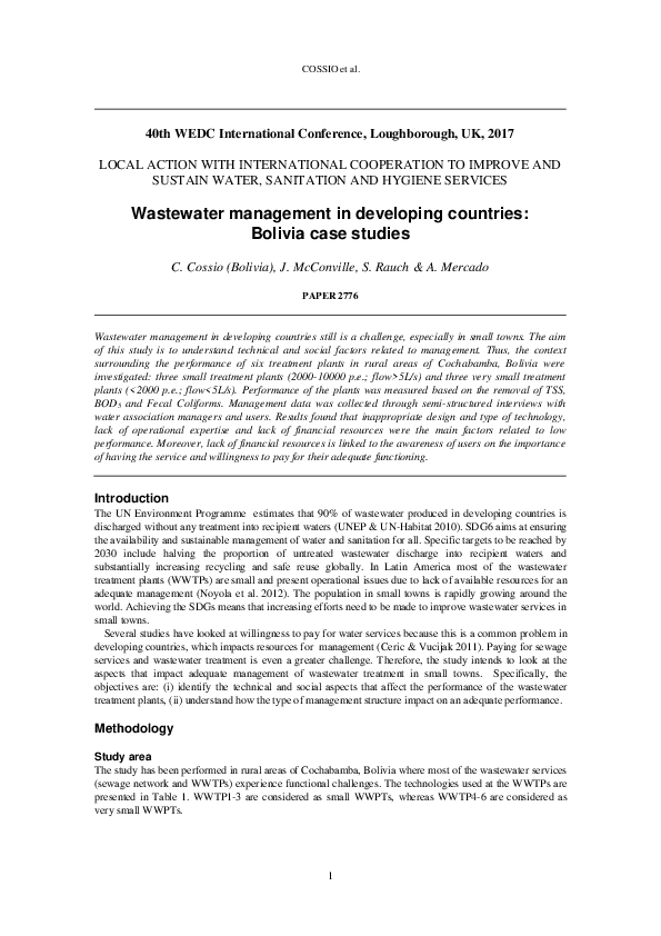 (PDF) Wastewater management in developing countries Bolivia case