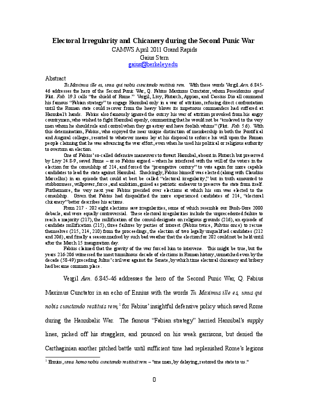Roman Consular Elections:  Electoral Irregularity and Chicanery during the Second Punic War  (CAMWS 2011)