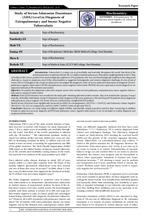 (PDF) Study of Serum Adenosine Deaminase (ADA) Level in Diagnosis of ...